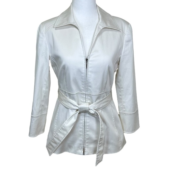 Lafayette 148 - Women’s Belted Blazer Jacket, 3/4 Sleeve, Zip-Up - White, Size 2 - Picture 1 of 17